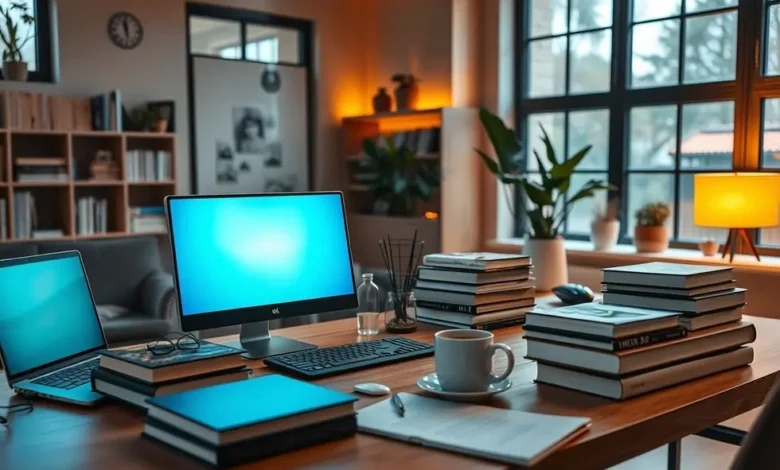 7 Estratégias Comprovadas para Construir uma Empresa Lucrativa no Mundo Digital - Web Nômade Digital Espaço de trabalho de um empreendedor digital.