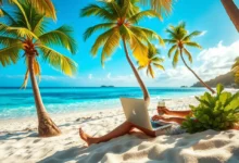 Um nômade digital trabalhando em um laptop na praia, simbolizando liberdade e sucesso nos negócios.