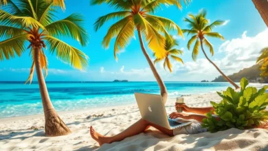 Um nômade digital trabalhando em um laptop na praia, simbolizando liberdade e sucesso nos negócios.