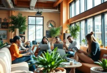 Grupo de nômades digitais trabalhando juntos em um ambiente colaborativo.