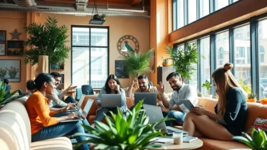Grupo de nômades digitais trabalhando juntos em um ambiente colaborativo.