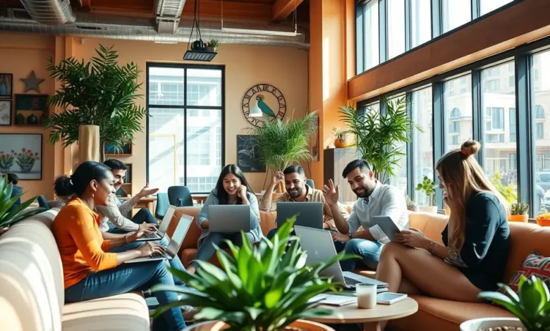 7 Estratégias Infalíveis para Lucrar Trabalhando de Qualquer Lugar - Web Nômade Digital Grupo de nômades digitais trabalhando juntos em um ambiente colaborativo.