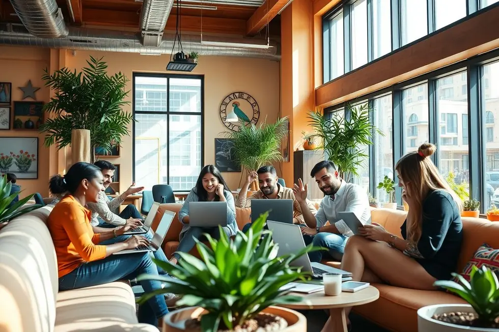 Grupo de nômades digitais trabalhando juntos em um ambiente colaborativo.