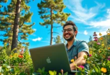 Um nômade digital sorrindo para o computador em um ambiente natural, simbolizando sucesso e foco empresarial.