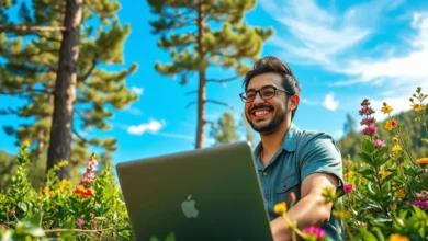 Um nômade digital sorrindo para o computador em um ambiente natural, simbolizando sucesso e foco empresarial.