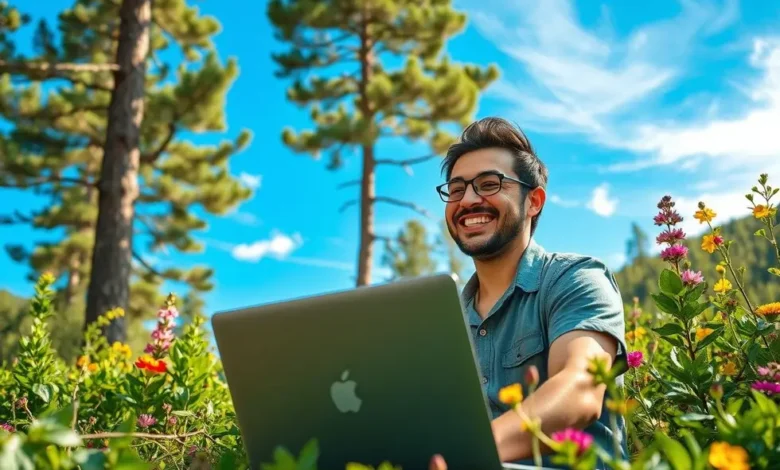 7 Estratégias para Aumentar seus Lucros com Gestão Estratégica - Web Nômade Digital Um nômade digital sorrindo para o computador em um ambiente natural, simbolizando sucesso e foco empresarial.