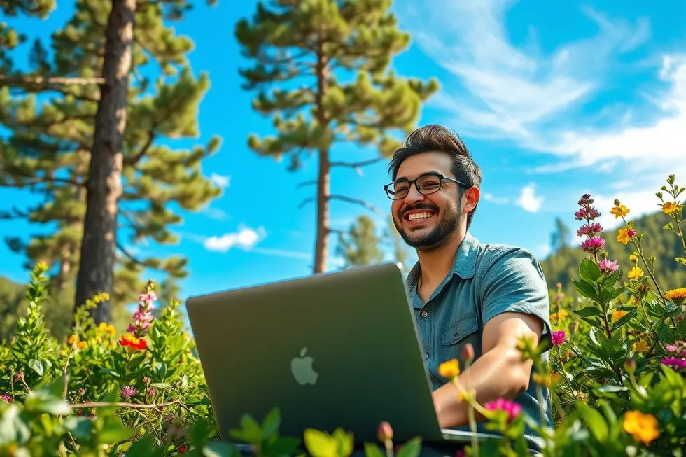 Um nômade digital sorrindo para o computador em um ambiente natural, simbolizando sucesso e foco empresarial.