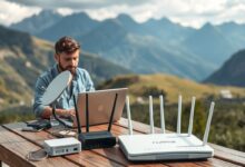 Nômade digital usando internet remota nas montanhas