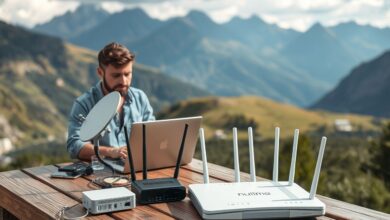 Nômade digital usando internet remota nas montanhas