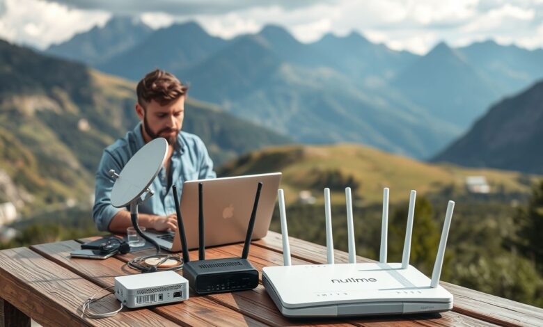 Nômade digital usando internet remota nas montanhas