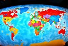 Mapa-múndi colorido ressaltando destinos de viagem para nômades digitais.