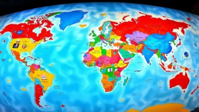 Mapa-múndi colorido ressaltando destinos de viagem para nômades digitais.