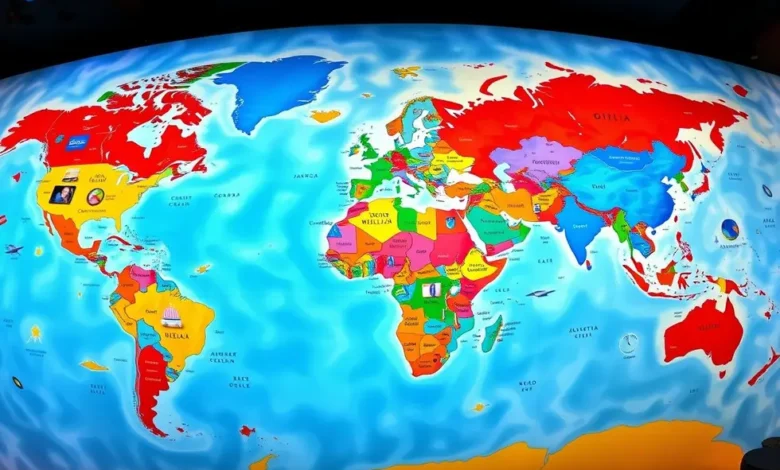 Mapa-múndi colorido ressaltando destinos de viagem para nômades digitais.