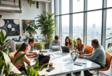 Designers nômades trabalhando remotamente em espaço colaborativo inspirador