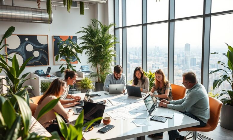 Designers nômades trabalhando remotamente em espaço colaborativo inspirador