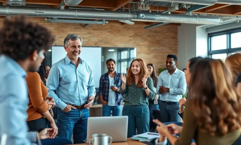 Mentor orientando um grupo diverso de empreendedores em um workshop.