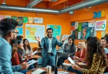 Mentor empresarial liderando um workshop para aspirantes a empreendedores.