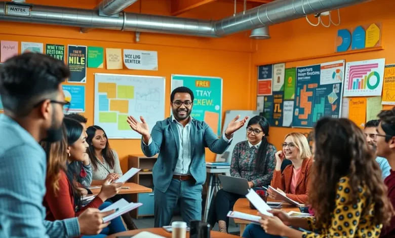 10 Estratégias Práticas para se Tornar um Mentor Empresarial de Sucesso - Web Nômade Digital Mentor empresarial liderando um workshop para aspirantes a empreendedores.