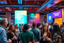 Mentores e empresários trocando ideias em um evento efetivo.