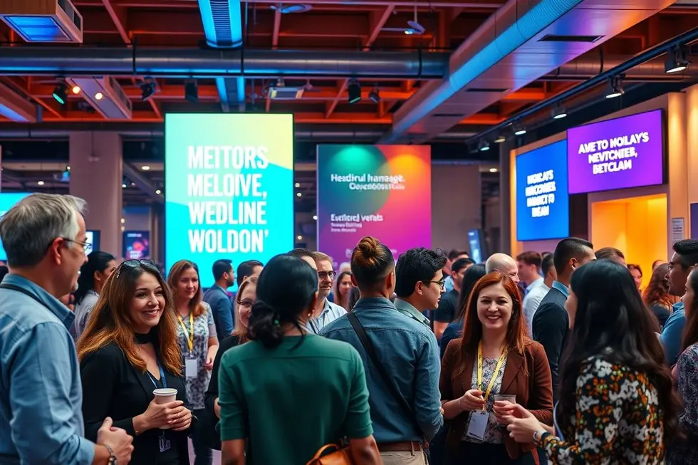 Mentores e empresários trocando ideias em um evento efetivo.