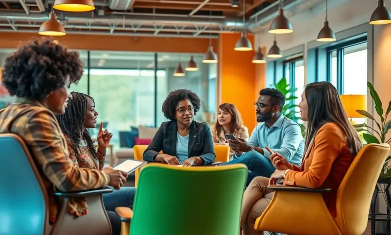 7 Estratégias para Criar uma Mentoria Empresarial de Sucesso - Web Nômade Digital Interação entre mentor e mentorados durante sessão de mentoria.