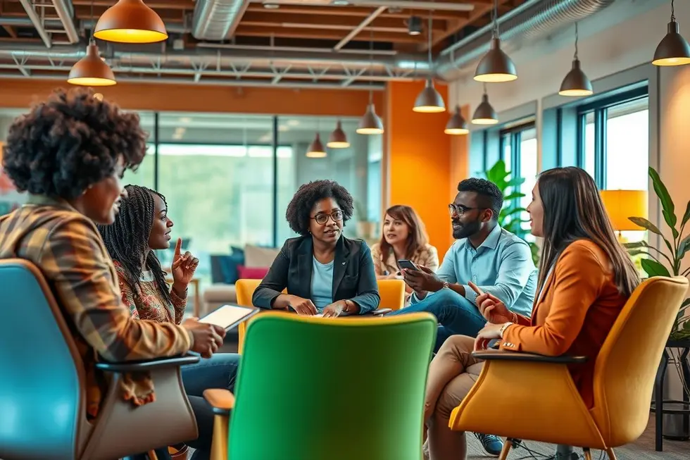 Interação entre mentor e mentorados durante sessão de mentoria.
