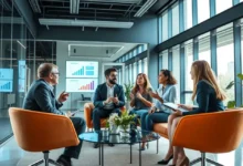 Profissionais envolvidos em uma sessão de mentoria empresarial.
