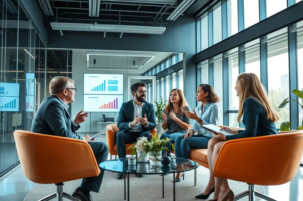 Profissionais envolvidos em uma sessão de mentoria empresarial.