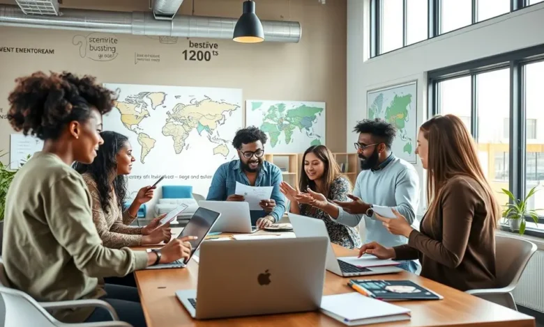 Grupo diverso de empreendedores em uma sessão de mentoria.