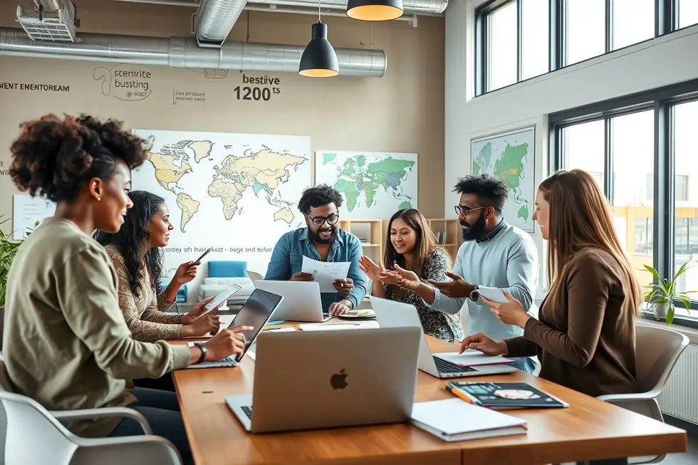 Grupo diverso de empreendedores em uma sessão de mentoria.