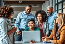 Grupo diverso de mentores e mentorados em interação dinâmica.