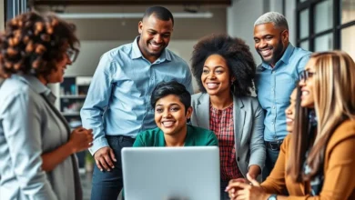Grupo diverso de mentores e mentorados em interação dinâmica.