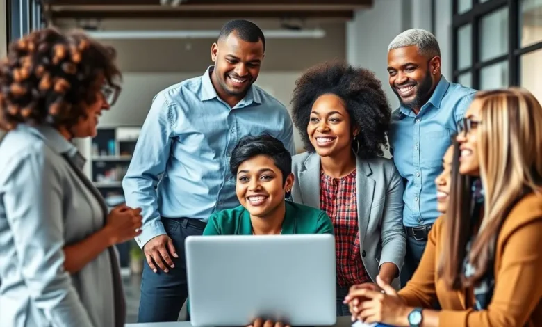 7 Estratégias para Oferecer Mentoria Empresarial de Alto Impacto - Web Nômade Digital Grupo diverso de mentores e mentorados em interação dinâmica.