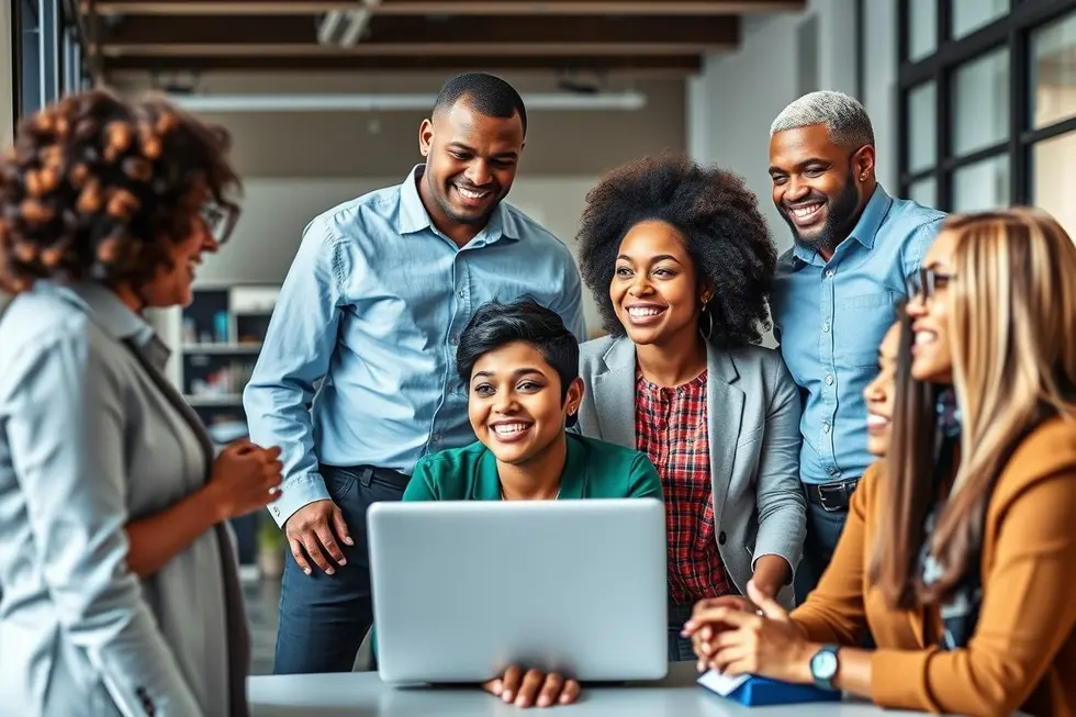 Grupo diverso de mentores e mentorados em interação dinâmica.