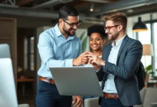 Mentor profissional orientando um jovem empreendedor em um escritório elegante.