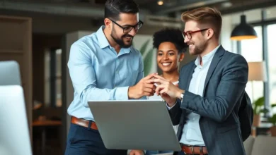 Mentor profissional orientando um jovem empreendedor em um escritório elegante.