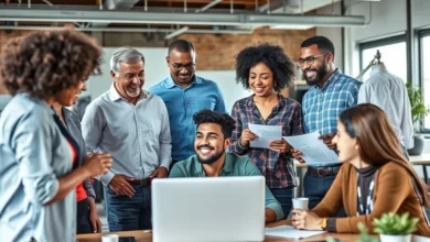 Grupo diverso de mentores e mentorados discutindo ideias de negócios.