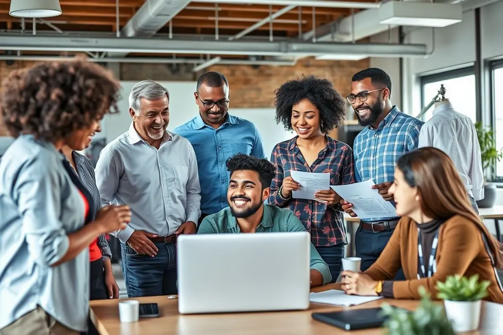 Grupo diverso de mentores e mentorados discutindo ideias de negócios.
