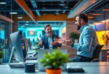 Uma sessão de mentoria mostrando um mentor e um empreendedor em colaboração.