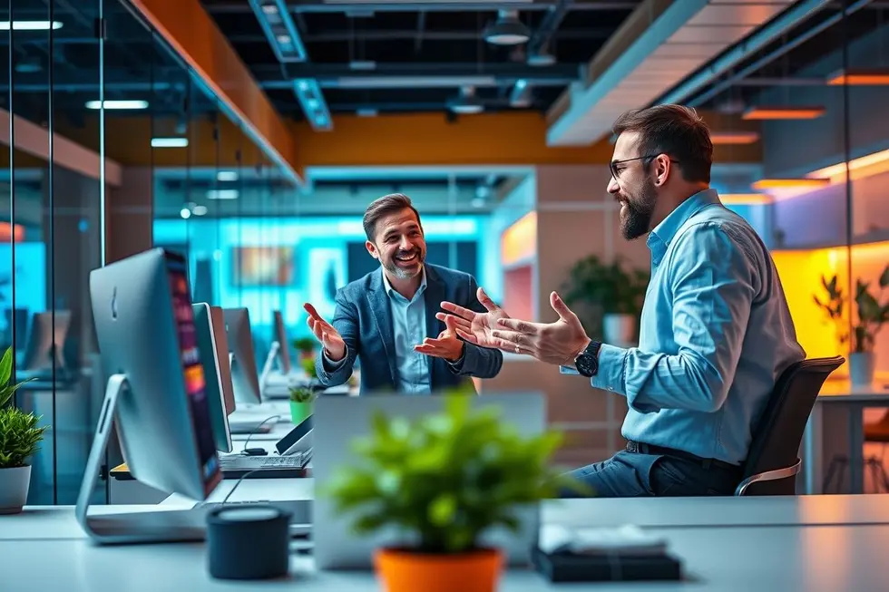 Uma sessão de mentoria mostrando um mentor e um empreendedor em colaboração.