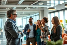 Mentor e empreendedores se conectando em um ambiente de aprendizado.