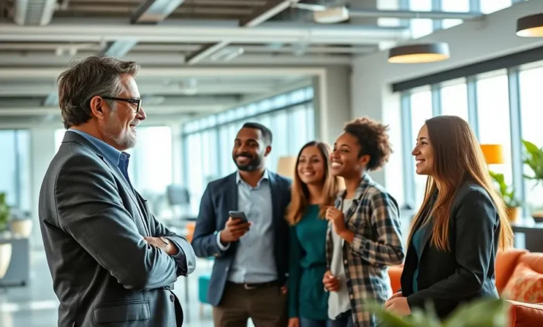 Mentor e empreendedores se conectando em um ambiente de aprendizado.
