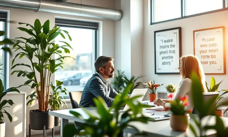 7 Passos para Criar uma Mentoria Eficiente e Transformadora - Web Nômade Digital Mentor e mentee discutindo ideias em um ambiente inspirador.