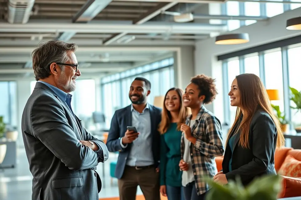 Mentor e empreendedores se conectando em um ambiente de aprendizado.