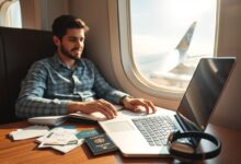 Nômade digital trabalhando no aeroporto com cartões de crédito e passagens