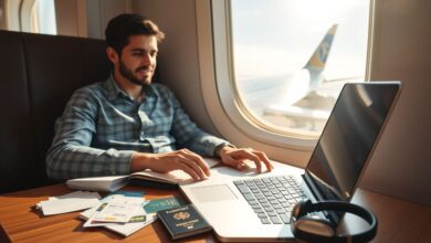 Nômade digital trabalhando no aeroporto com cartões de crédito e passagens