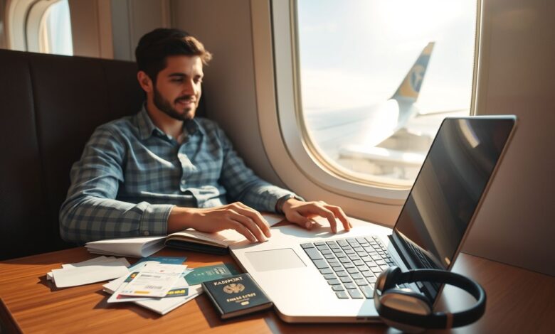 Milhas Aéreas Nômades: Como Viajar Mais Gastando Menos - Web Nômade Digital Nômade digital trabalhando no aeroporto com cartões de crédito e passagens