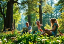 Empreendedores trabalhando em um cenário natural, representando o crescimento sustentável.