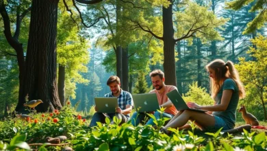 Empreendedores trabalhando em um cenário natural, representando o crescimento sustentável.