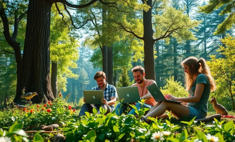 Empreendedores trabalhando em um cenário natural, representando o crescimento sustentável.